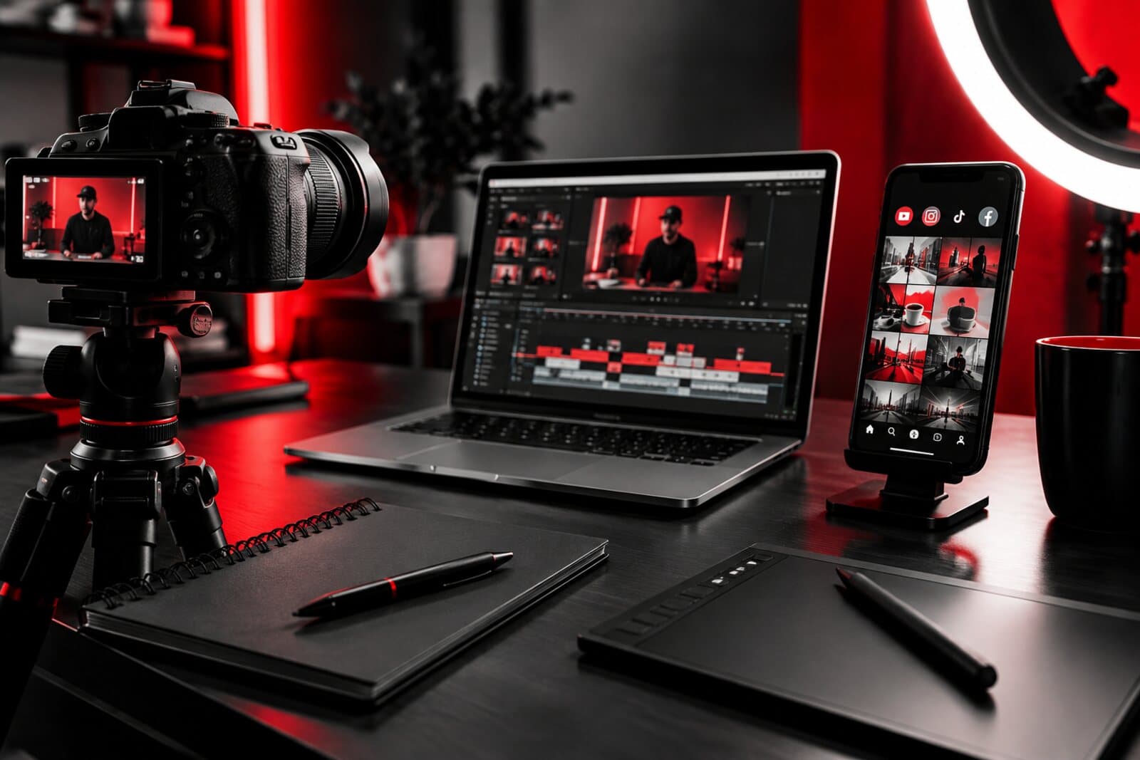 A camera, an editing timeline, and a phone showing the finished branded posts