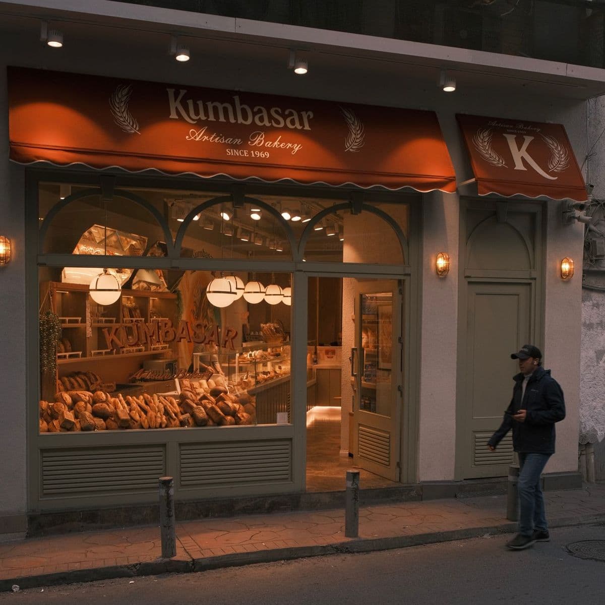 A warmly lit local bakery at dusk