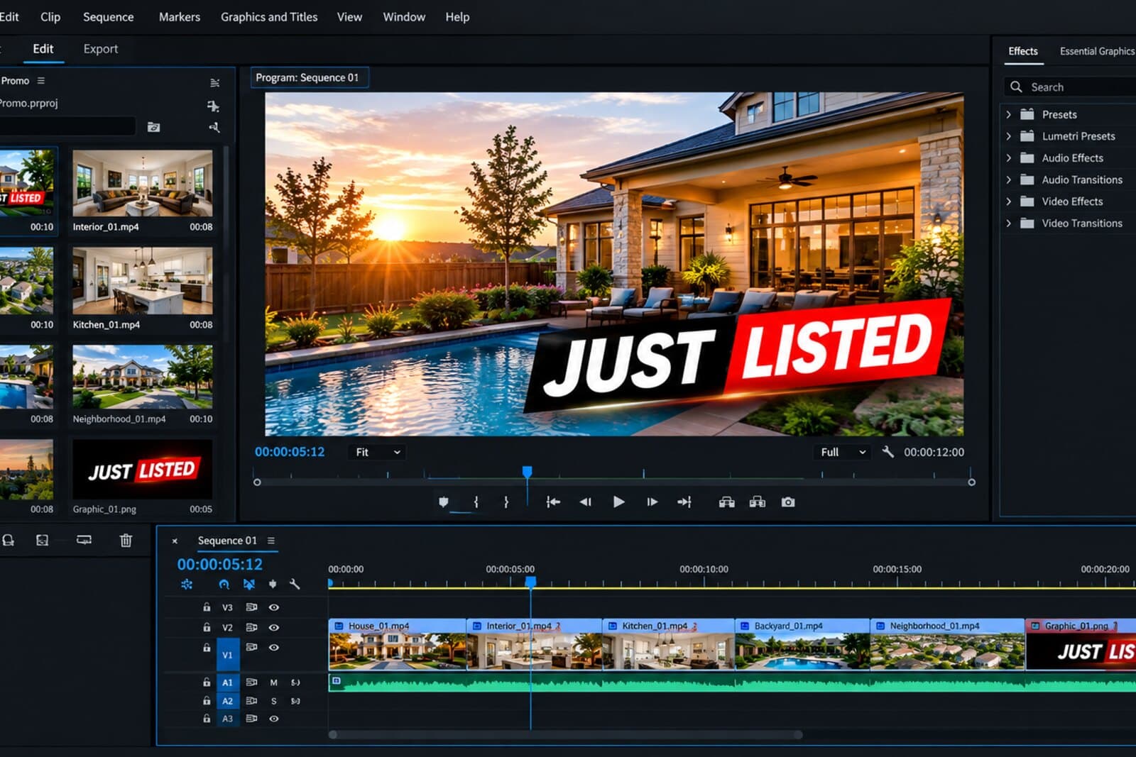 A listing video on an editing timeline, captioned and branded, ready to post