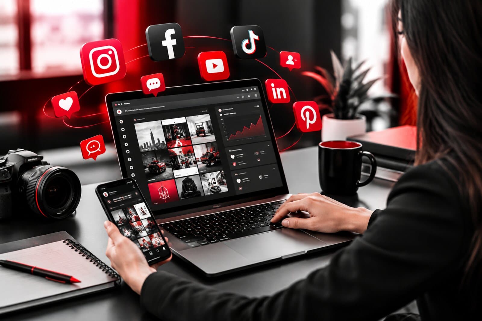 A scheduled social feed open on a laptop and phone, ringed by the platform icons it publishes to